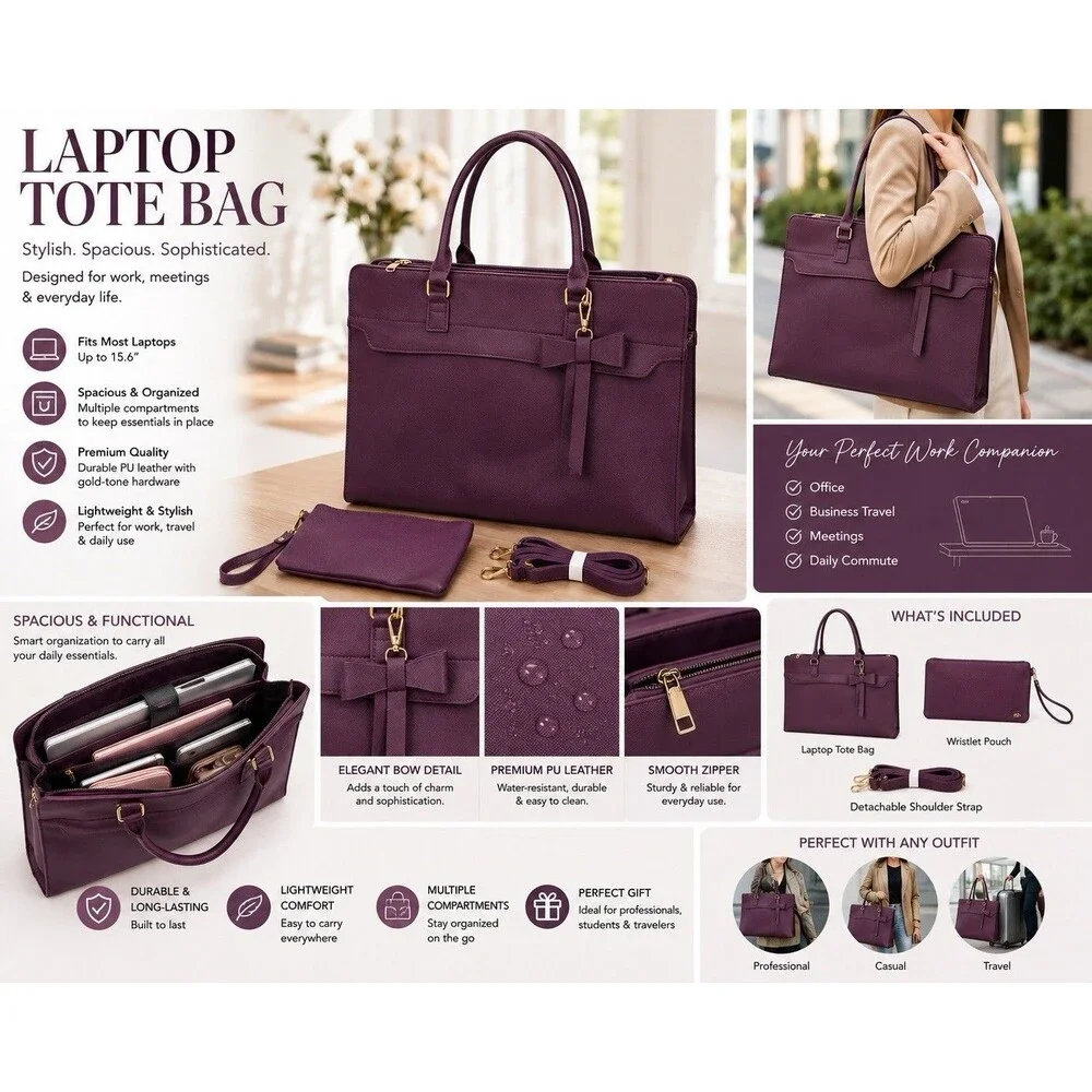 Laptop Tote Bag 2PC Women Work Briefcase Satchel Water Resistant
